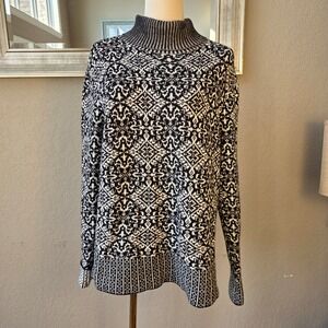 VTG Talbots Fair Isle Turtleneck Sweater Knit Pullover Black White Pattern Large